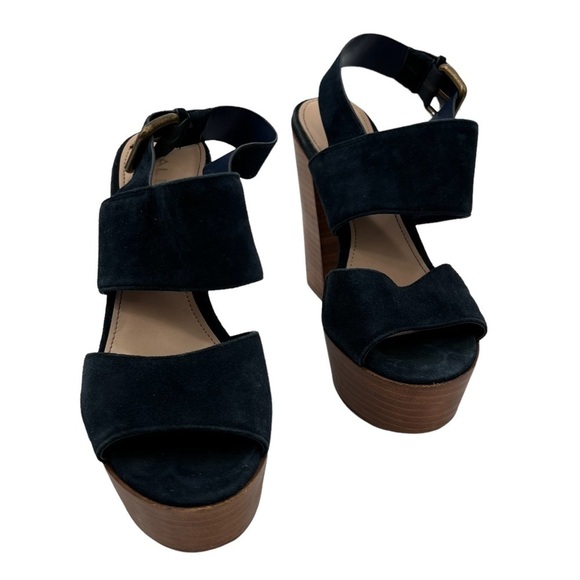 Aldo Blue Suede Maximoa Platform Faux Wood Block Heels Size 6.5 Women's - Picture 1 of 8